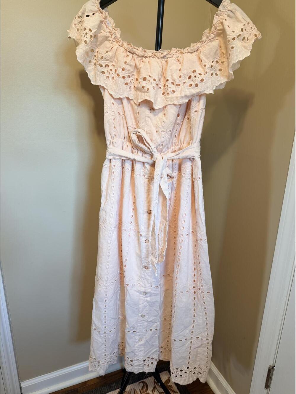 Simplee Blush Pink Eyelet Off Shoulder Midi Dress Size Medium Cottagecore Boho